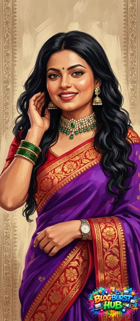 Illustrated portrait of a woman wearing a purple saree and traditional jewelry in oil painting style