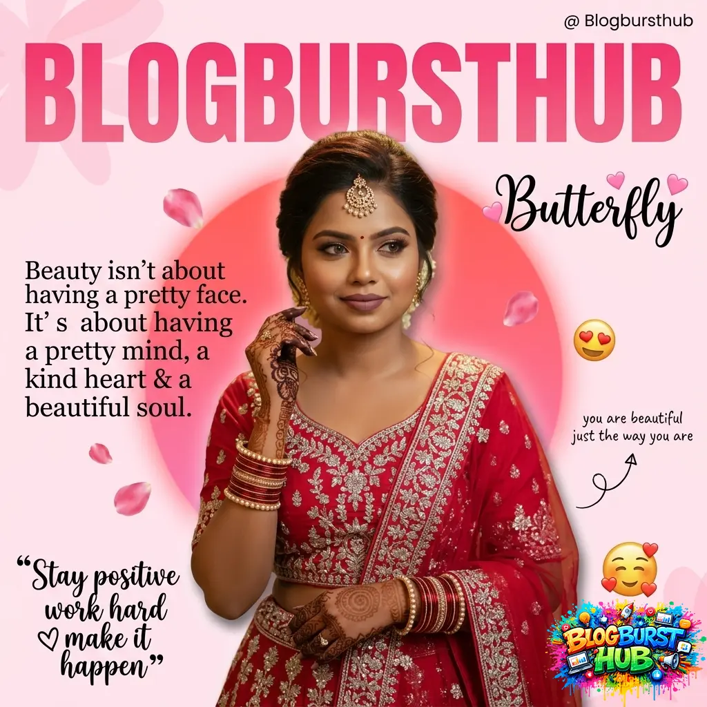 Beautiful woman in red bridal outfit with motivational beauty quote and pink aesthetic background