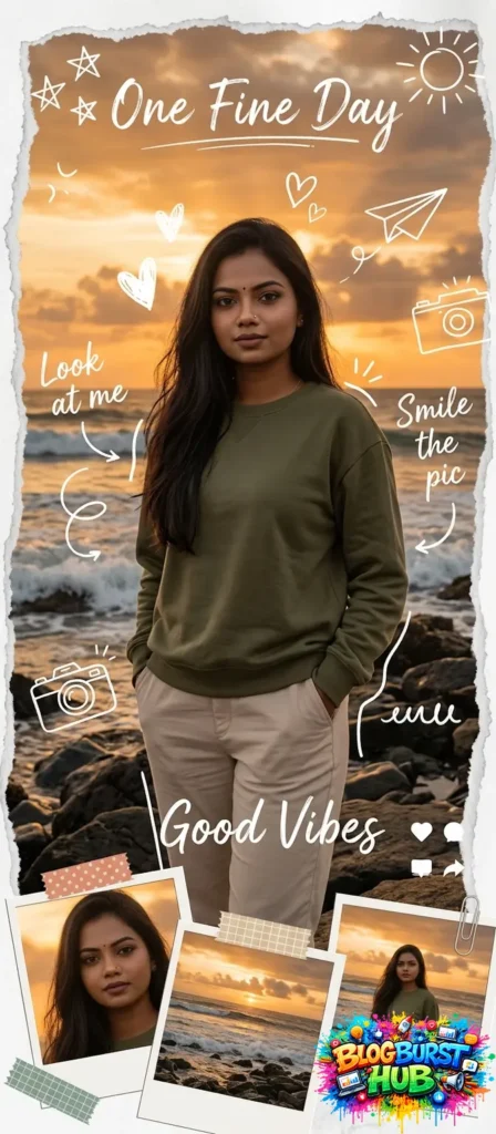 woman posing at beach sunset aesthetic Instagram photo prompt for viral content
