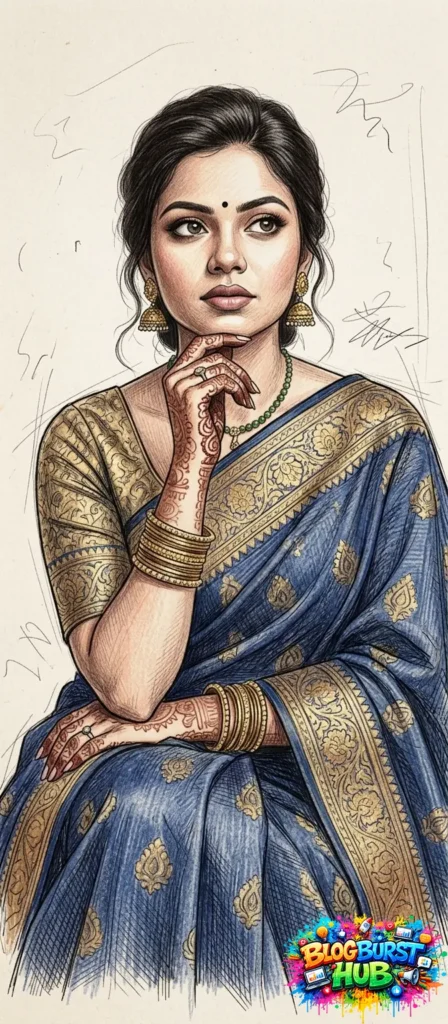 woman wearing blue silk saree traditional portrait sketch Instagram prompt