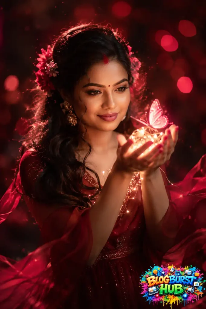 Cinematic AI portrait of a woman in red dress holding a glowing butterfly with dramatic lighting.