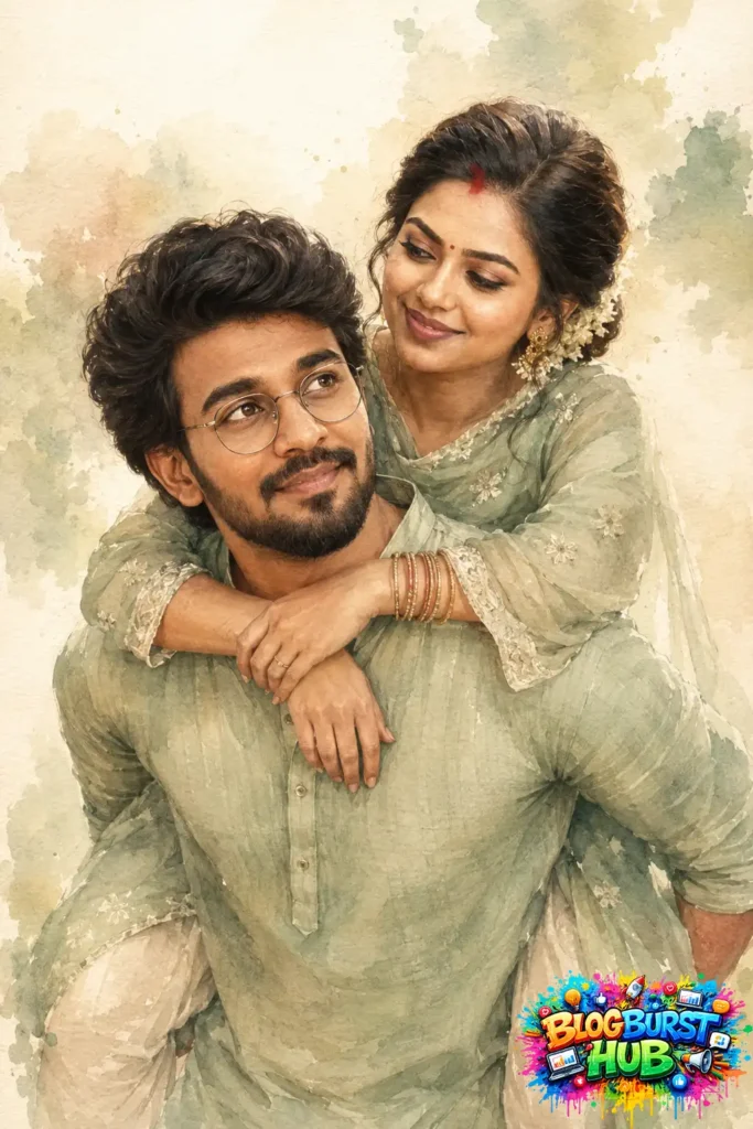 Romantic AI-generated watercolor couple portrait with soft pastel tones and artistic aesthetic