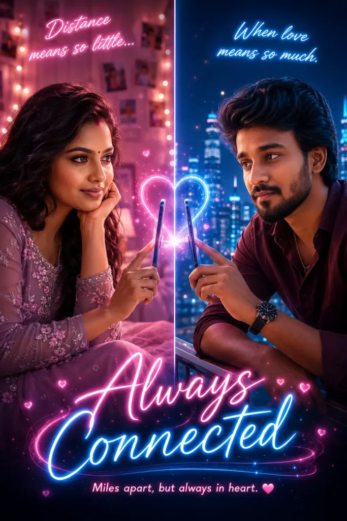 AI-generated long distance couple touching smartphones with glowing neon heart and always connected text.