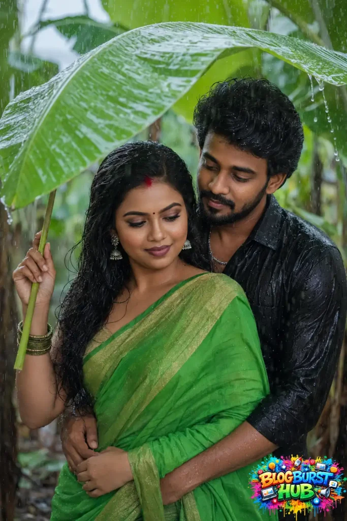 South Indian couple taking shelter under a banana leaf during tropical rain.
