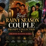Best rainy season couple prompt collection featuring romantic South Indian couples in monsoon rain, cinematic lighting, traditional attire, and hyper-realistic AI art scenes.