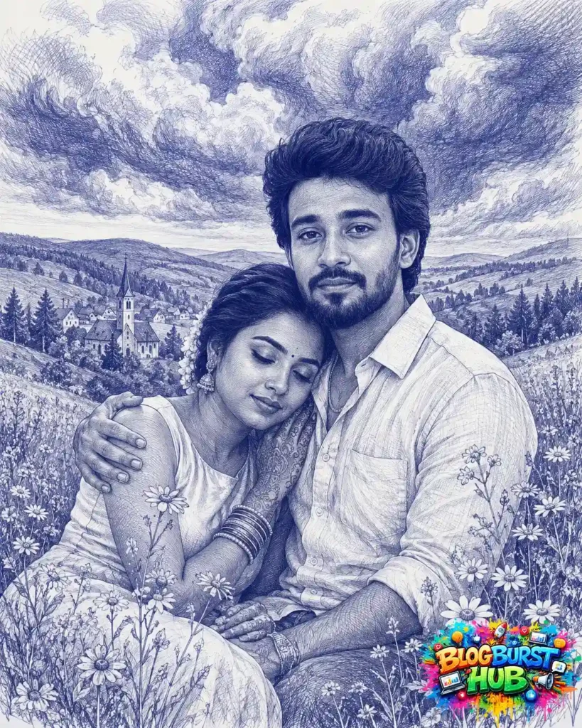 AI-generated blue ink sketch of a romantic couple sitting in a flower field with scenic countryside views.
