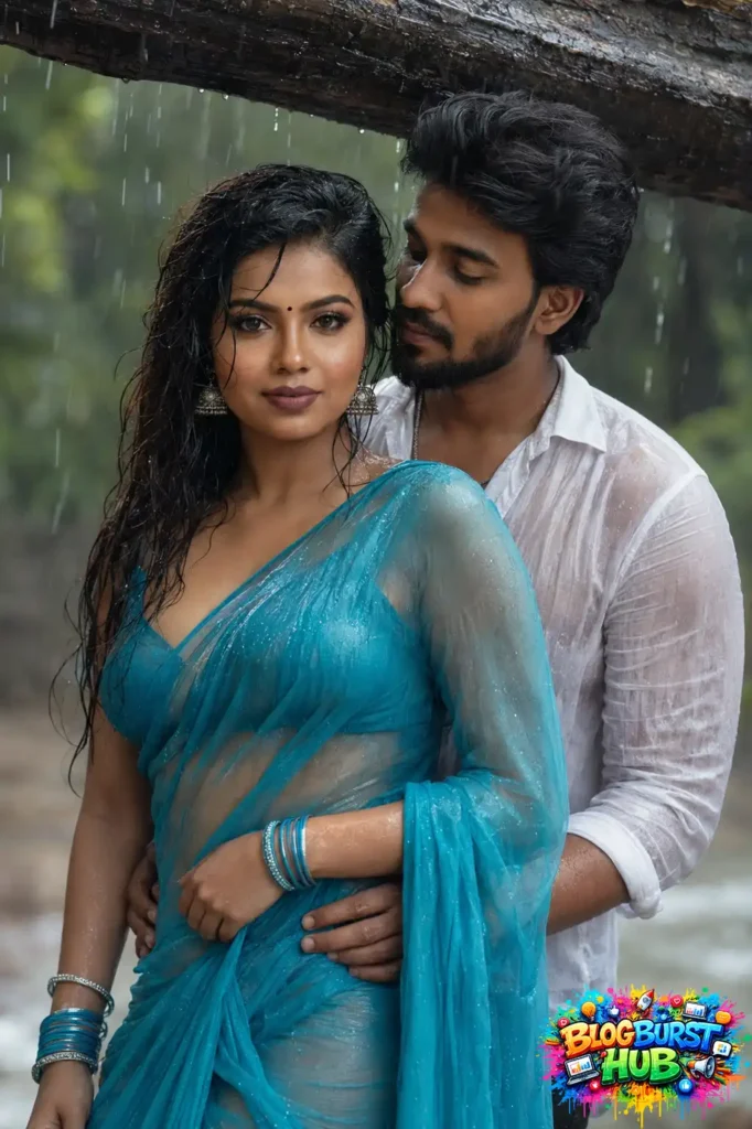 Couple embracing beneath a tree during monsoon rain with the woman wearing a blue saree.