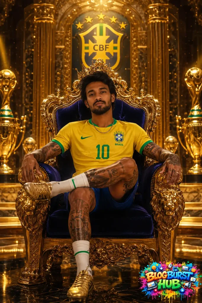 Brazil football player sitting on a royal golden throne surrounded by trophies.