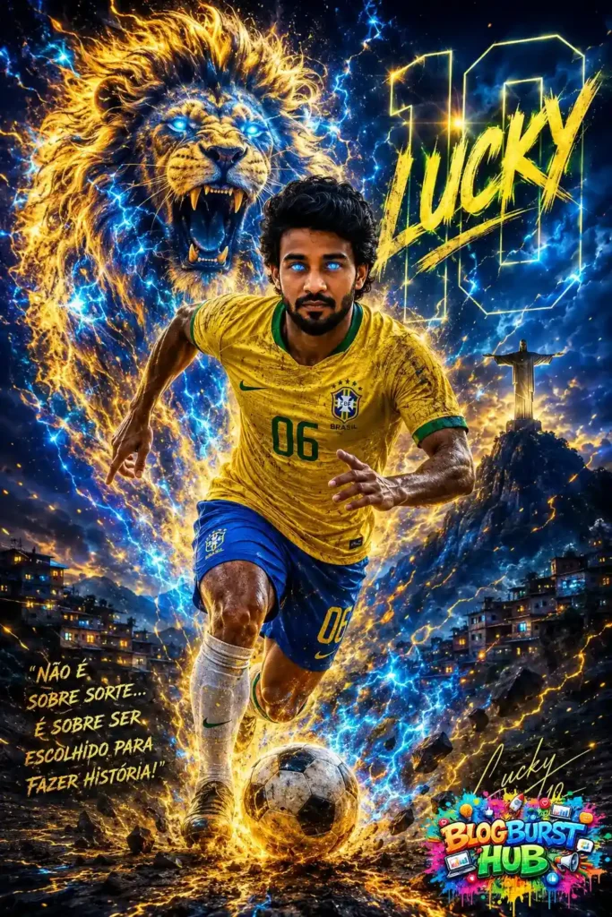 Brazil football player running with electric lightning effects and stadium background.