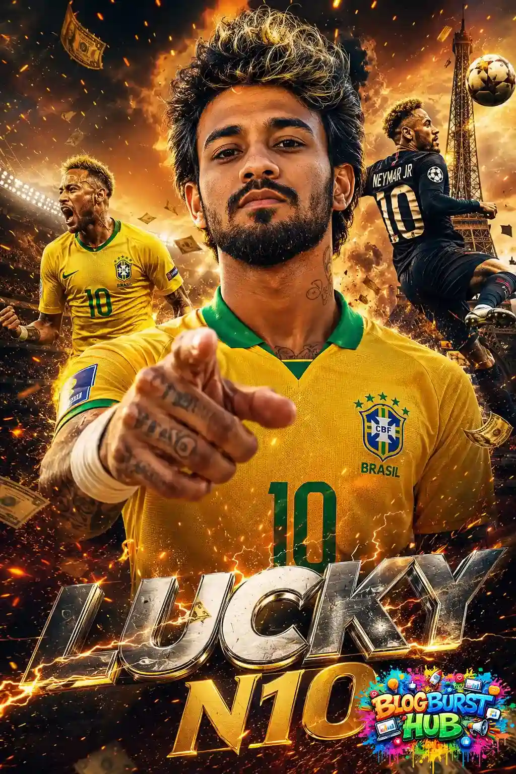 AI-generated Brazil football superstar poster featuring a number 10 player pointing toward the camera with dramatic stadium lights, lightning effects, and championship-inspired visuals.