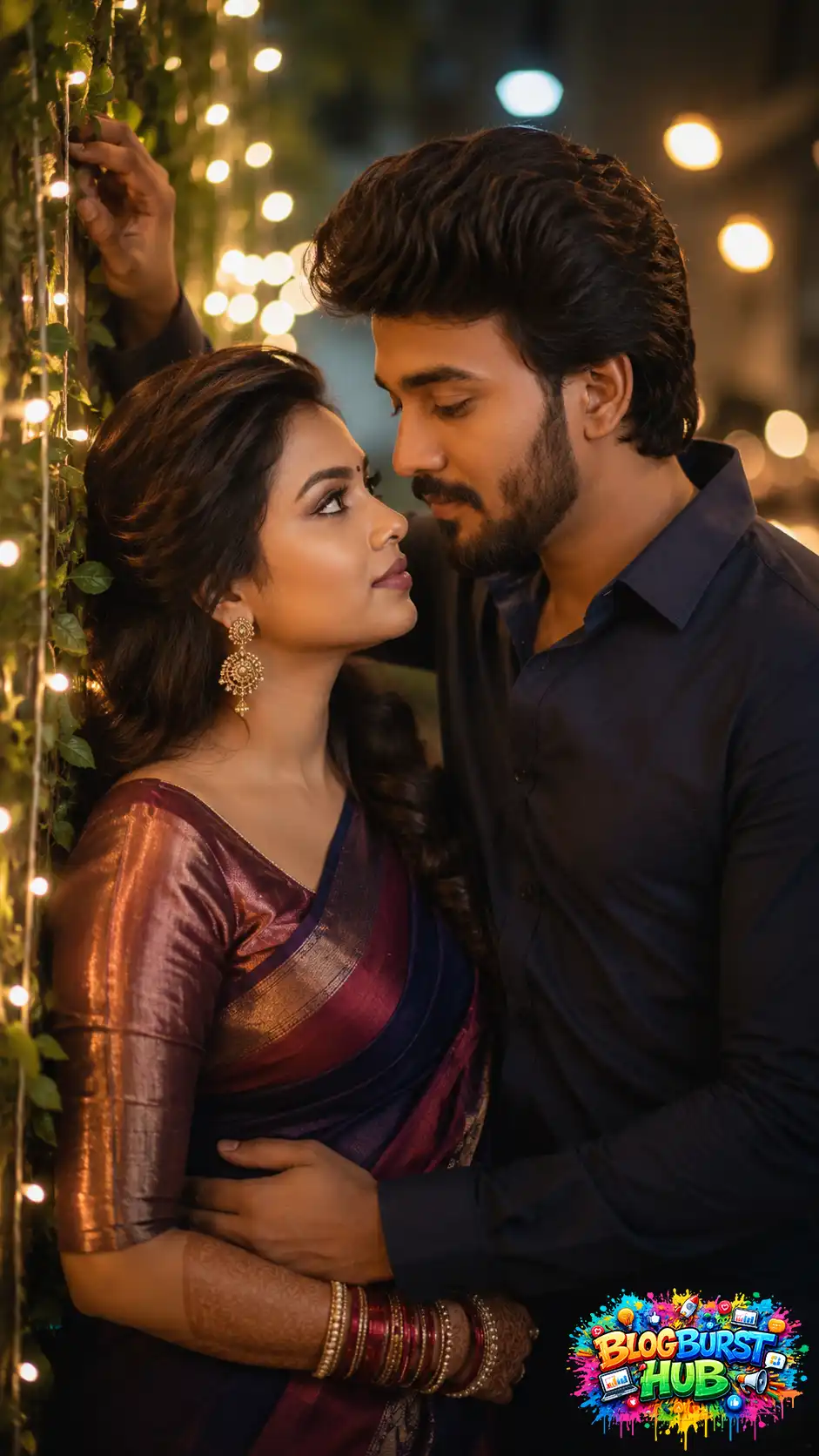 Romantic Indian couple posing under warm lights in a cinematic nighttime portrait.