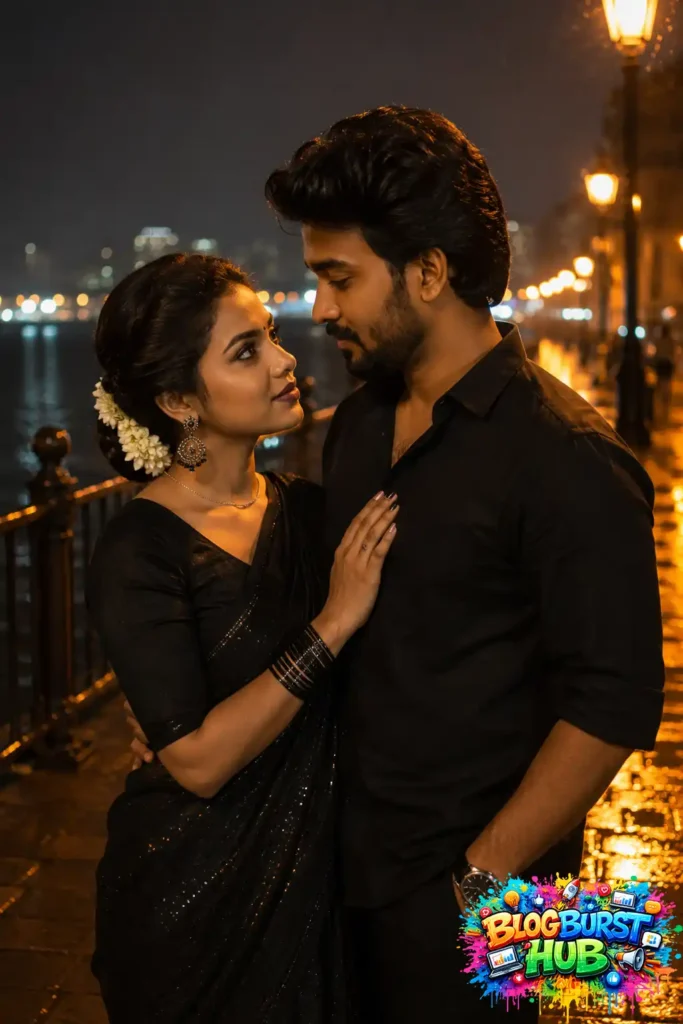 Indian couple standing together at a waterfront during nighttime with glowing city lights in the background.