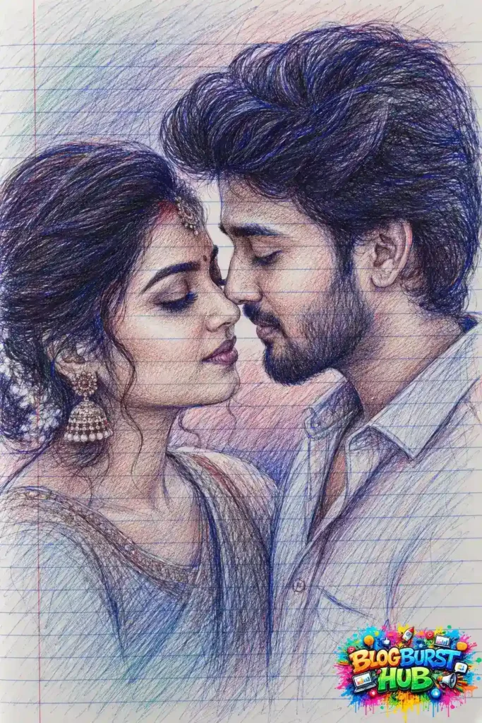 Close-up AI sketch portrait of a romantic couple sharing an intimate moment.