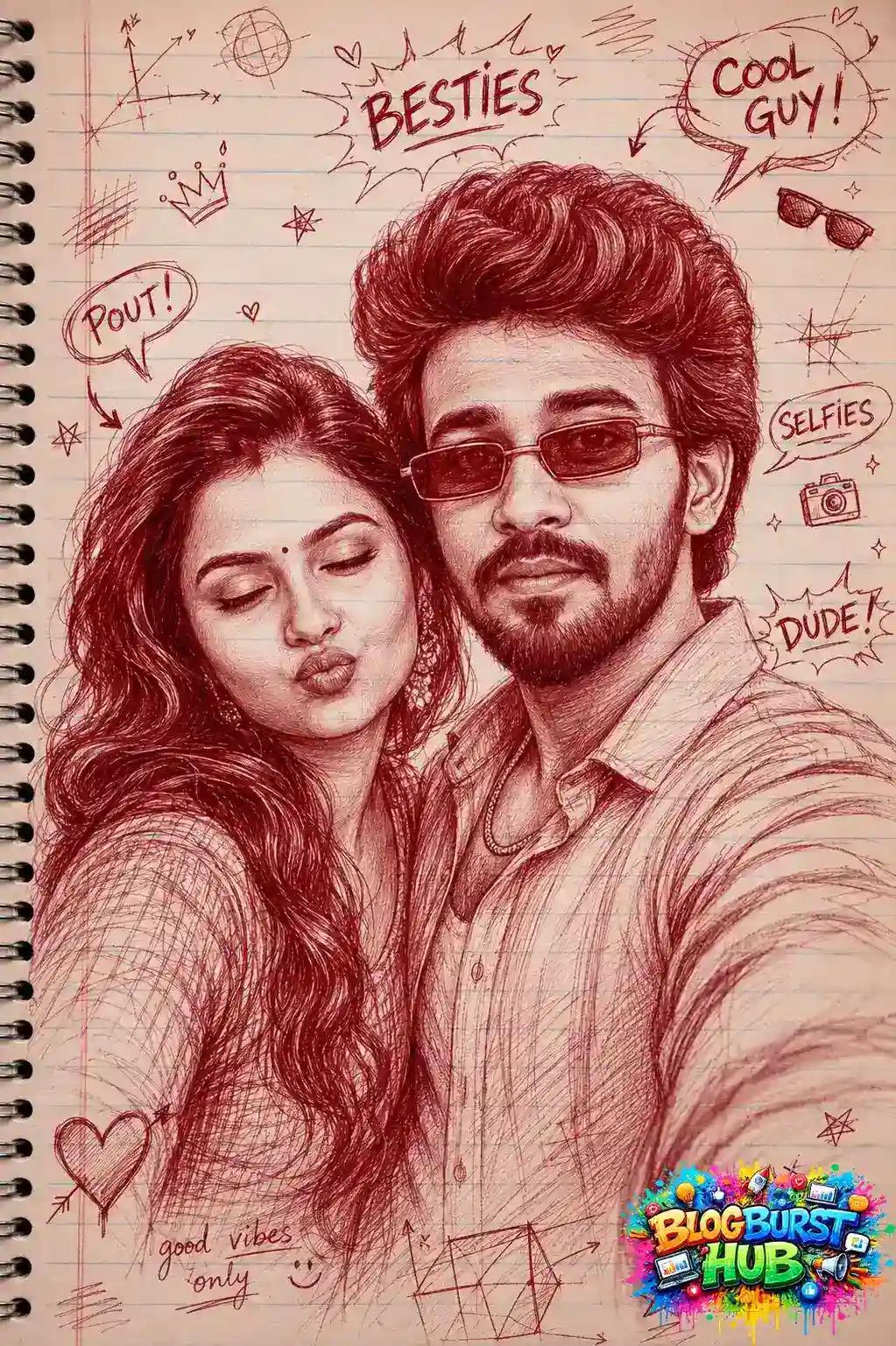 AI-generated selfie-style sketch of a young couple surrounded by notebook doodles and playful illustrations.