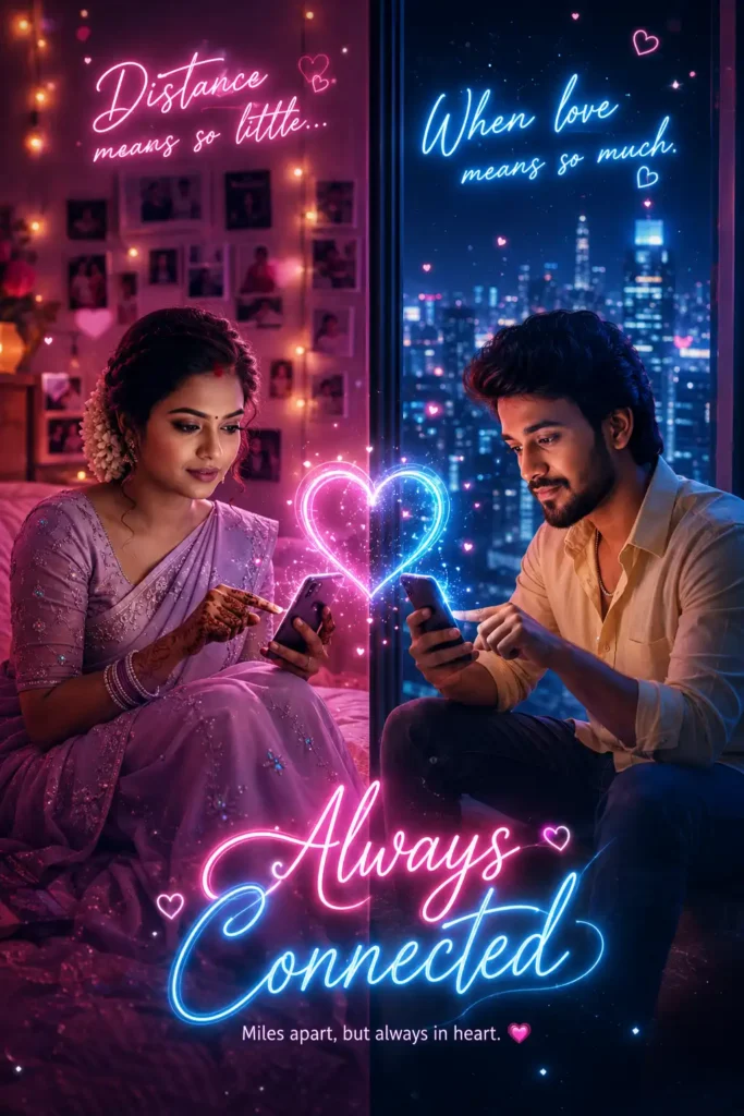 AI-generated long distance couple connected through smartphones with neon glowing heart and city skyline.
