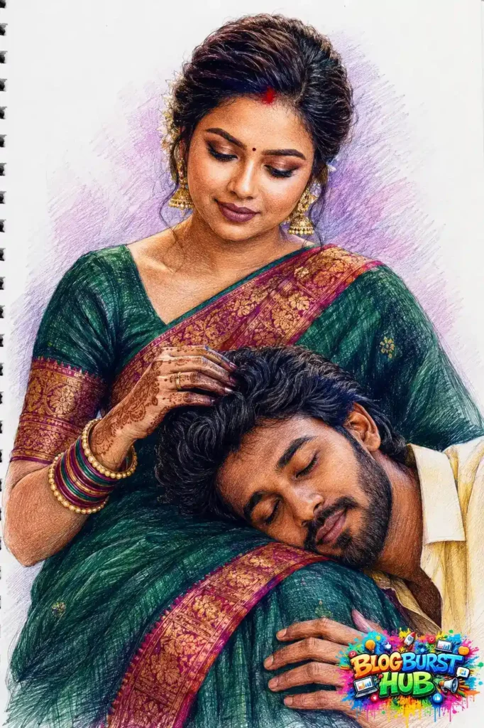 Romantic AI-generated pencil sketch of a couple sharing a peaceful moment with detailed hand-drawn artwork.