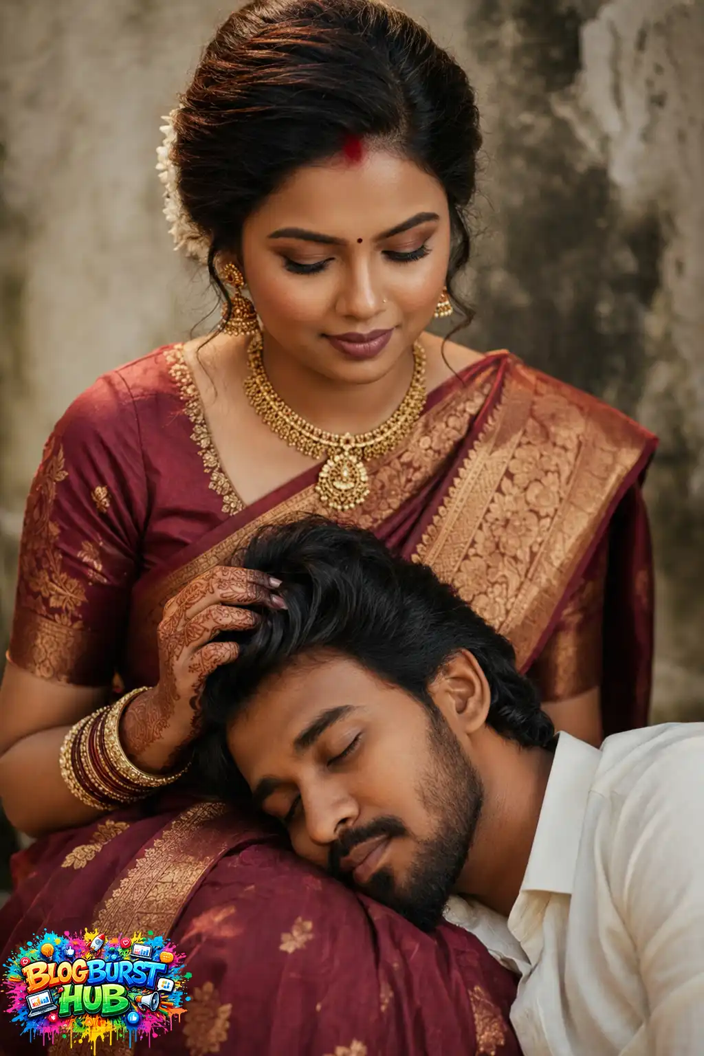Traditional Indian couple sharing a tender emotional moment in an intimate portrait.