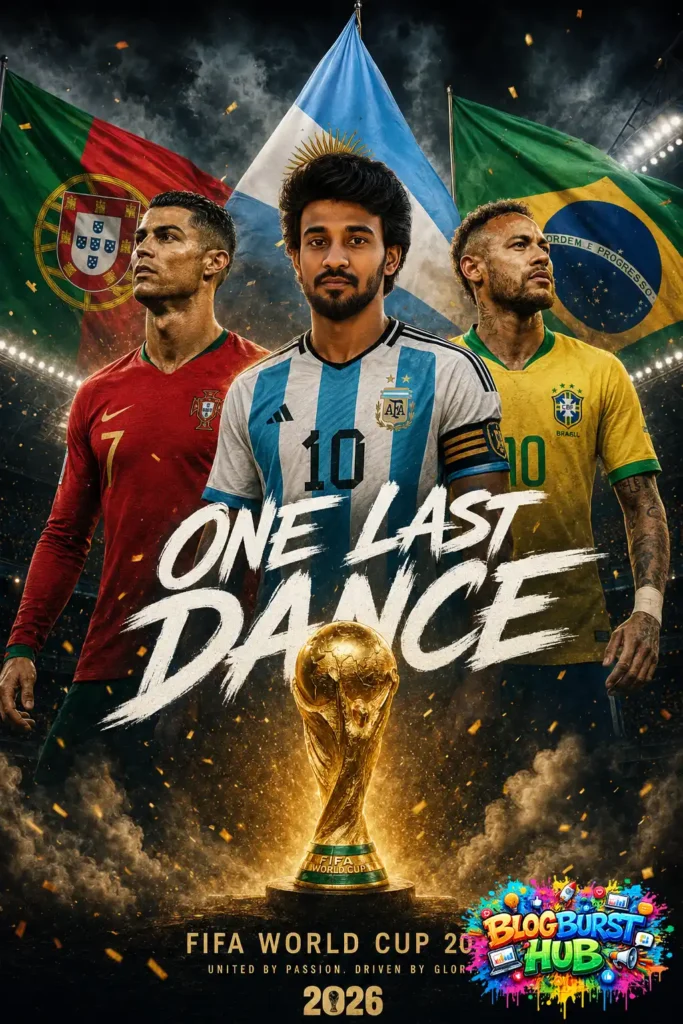 AI-generated FIFA World Cup 2026 poster featuring football legends with the World Cup trophy and dramatic stadium atmosphere.