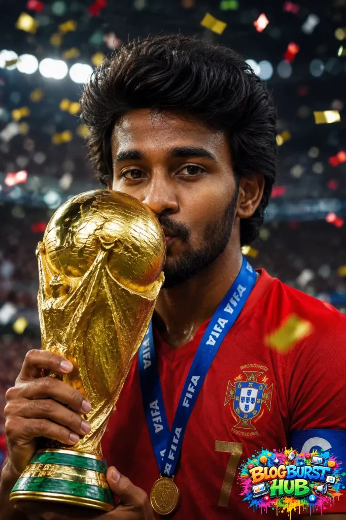 Football player holding and celebrating with the FIFA World Cup trophy.