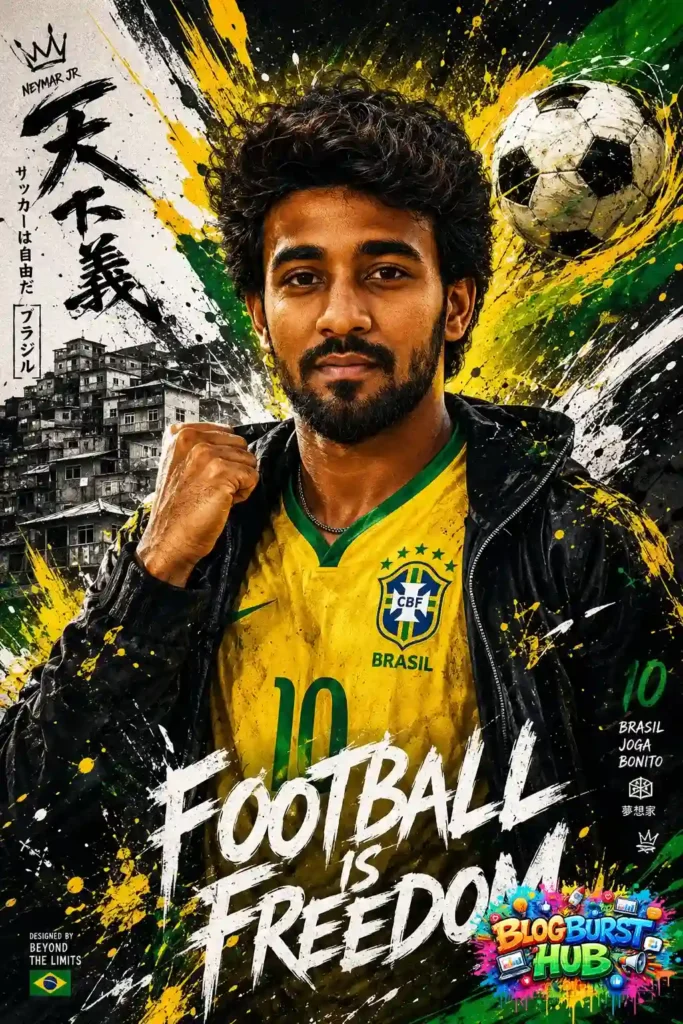 Brazil football player portrait with artistic graffiti and football culture design.