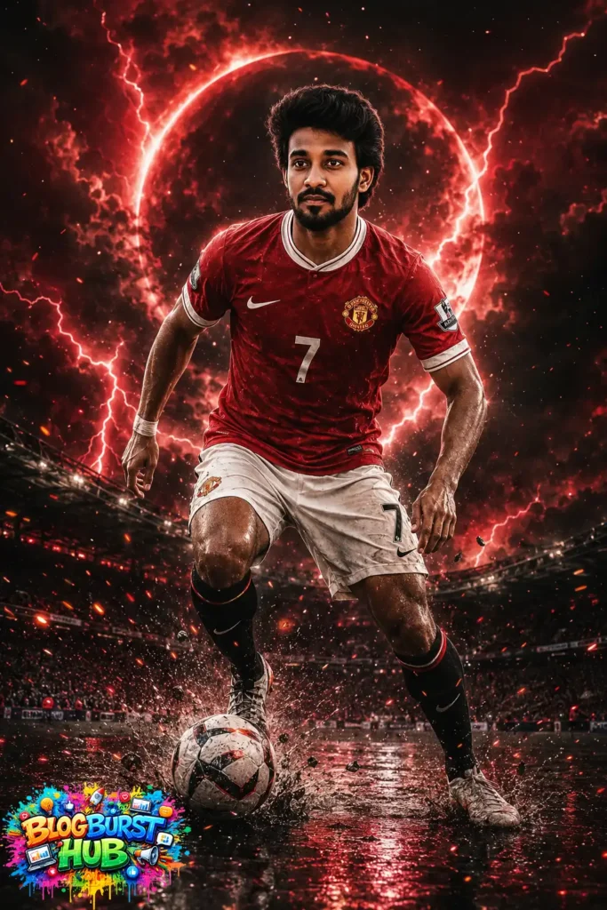 Football player dribbling through a stormy stadium with dramatic red lightning.