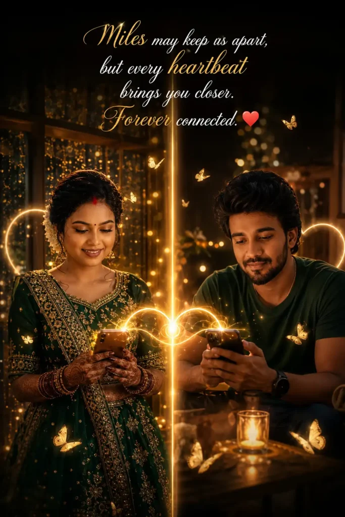 Romantic AI couple using smartphones with golden glowing heart connection and forever connected quote.