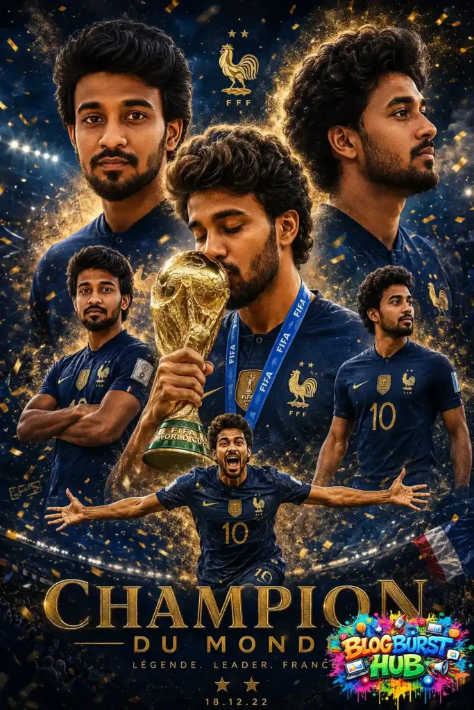 AI football poster celebrating a world champion with trophy and stadium crowd.