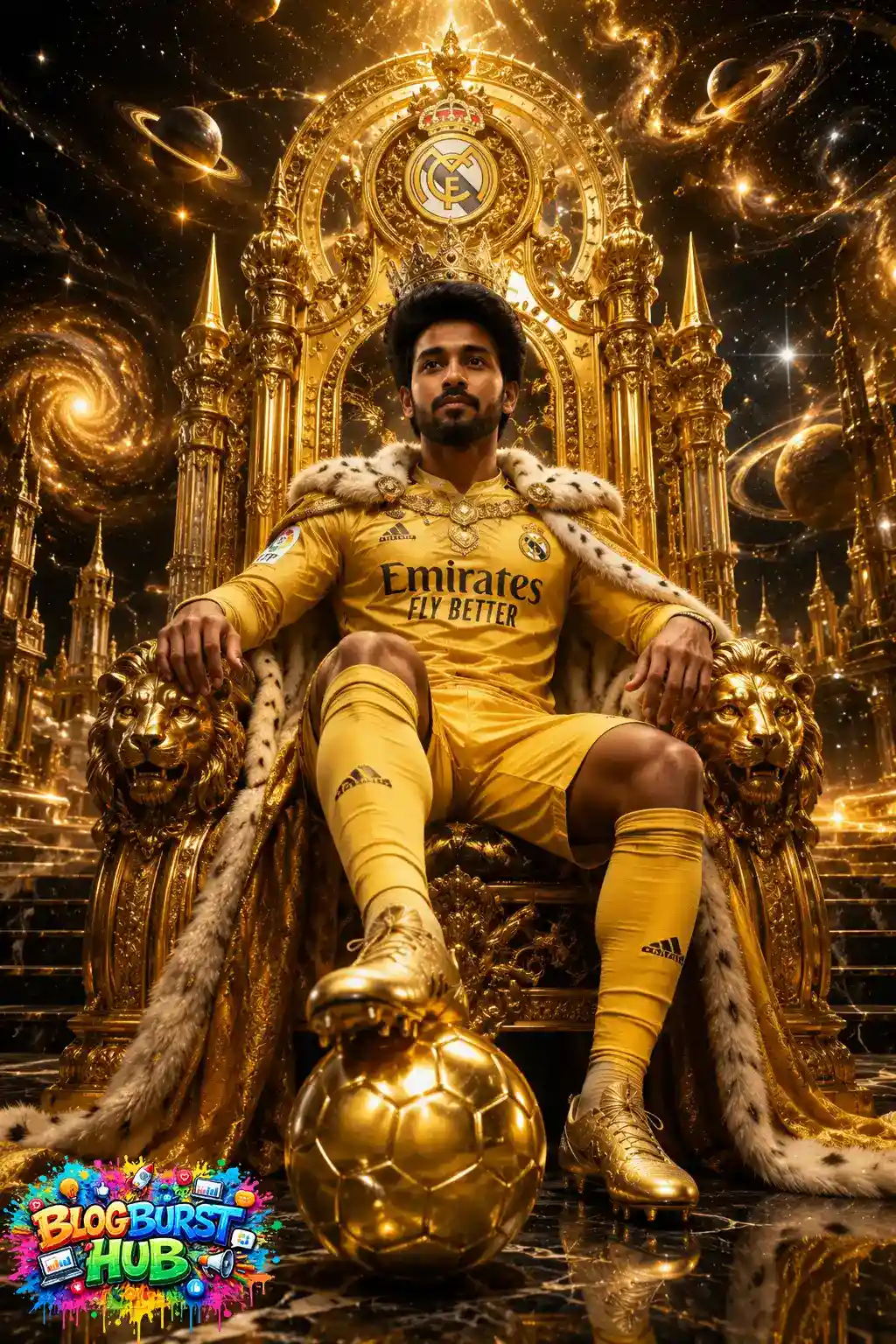 Football king seated on a golden throne with a golden football and royal cape.