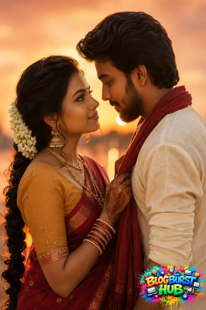 Indian couple standing face to face during golden hour with sunset lighting.