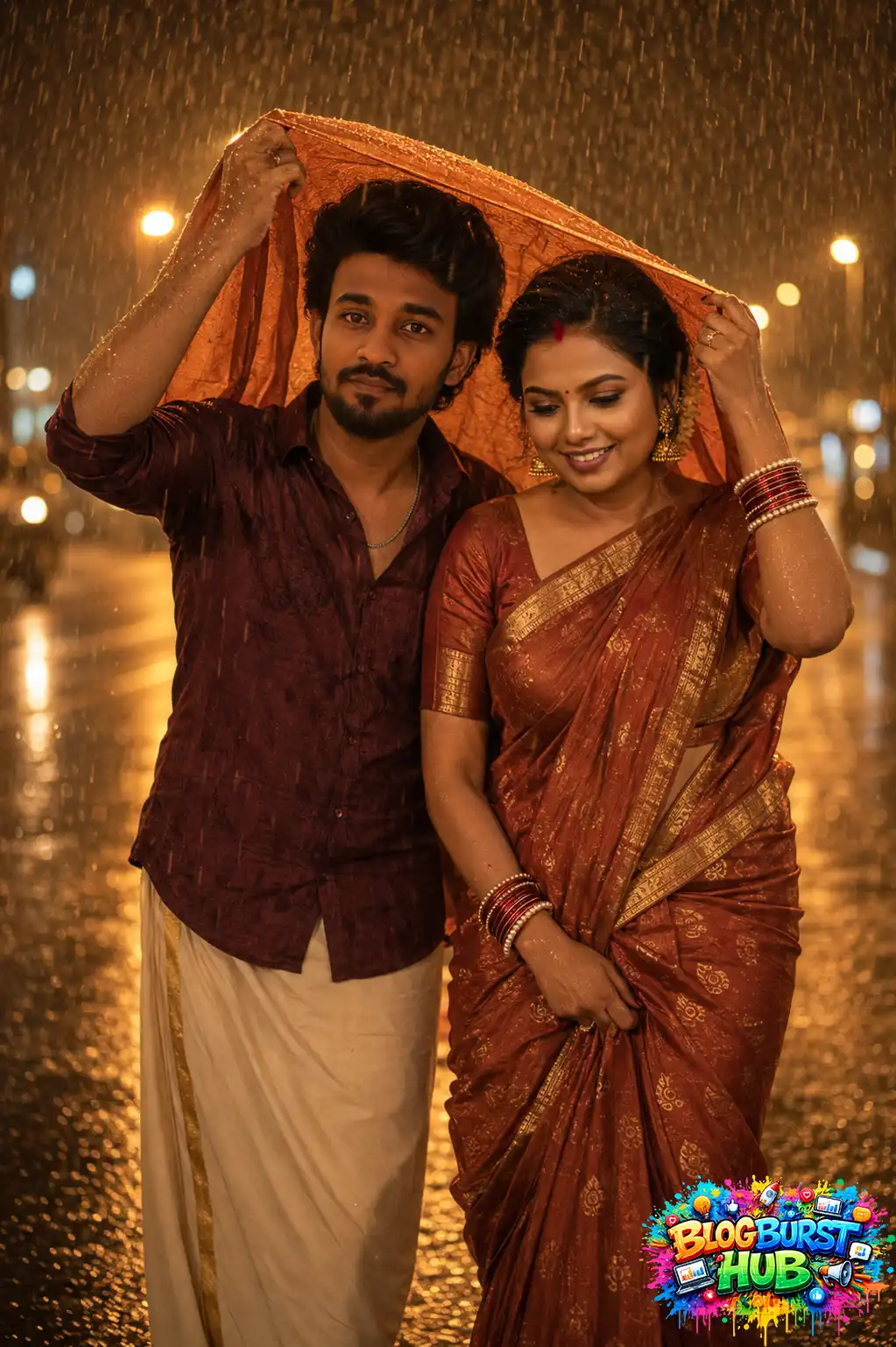 Romantic Indian couple walking together during golden hour rain in hyper-realistic AI art.