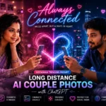 Instagram Trending Prompt for Long Distance AI Couple Photos with ChatGPT featuring a romantic AI-generated couple connected through glowing neon heart effects and smartphones.