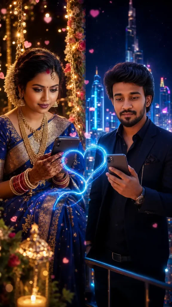 Long distance AI couple connected through smartphones with glowing neon heart, romantic Instagram trending AI image.