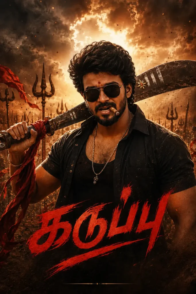 Karuppu movie style AI poster featuring a fierce warrior holding a massive sword with cinematic storm clouds.