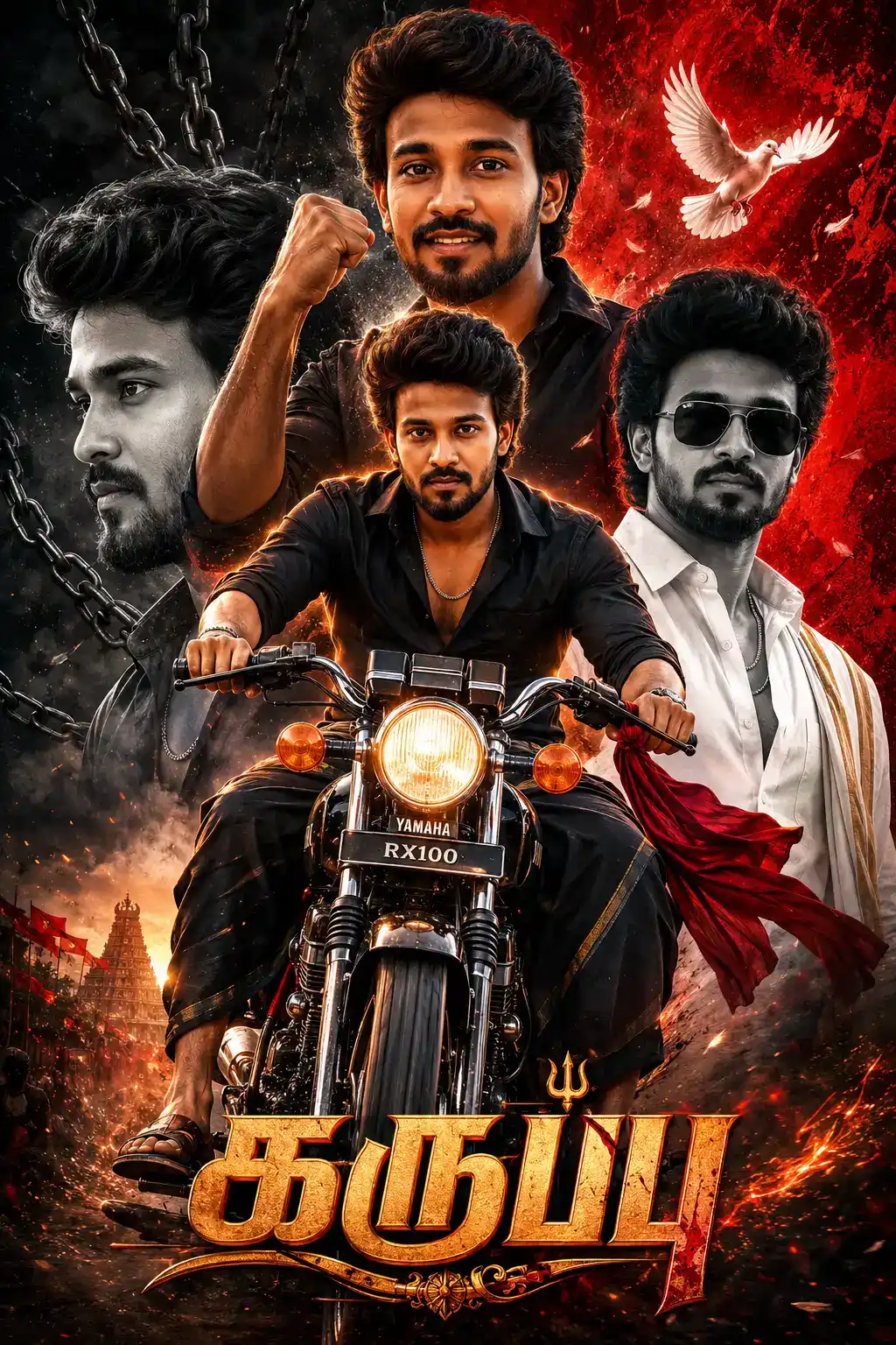 Karuppu inspired cinematic AI poster featuring a hero riding a motorcycle with dramatic character montage.