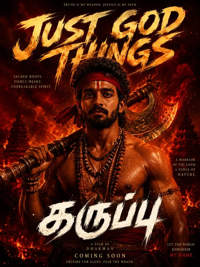 Karuppu inspired AI poster featuring an ancient warrior with sacred beads and a massive battle axe.
