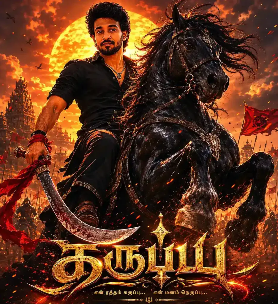 Karuppu movie inspired AI-generated cinematic poster featuring a warrior riding a black horse with dramatic sunset lighting.