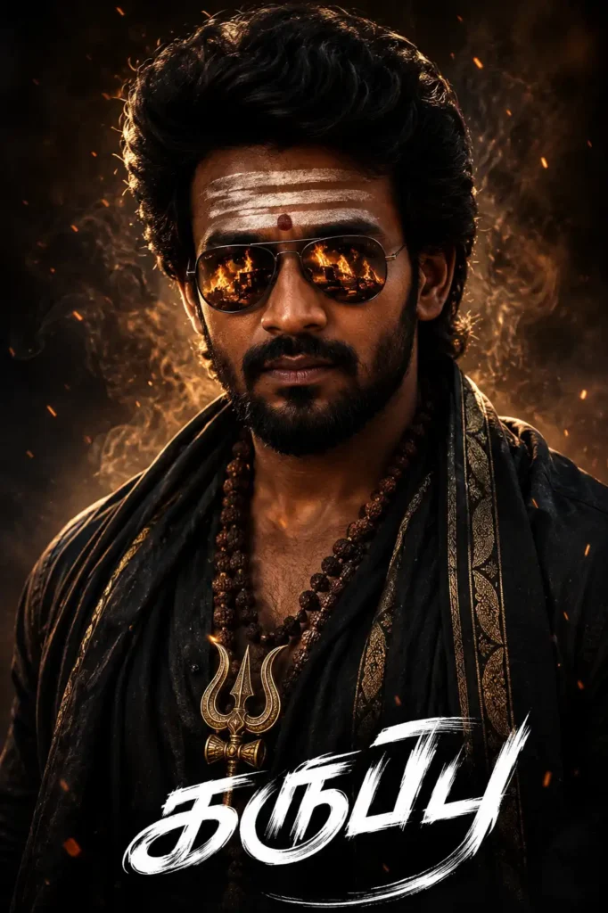 Karuppu inspired AI movie poster featuring a spiritual warrior wearing sacred beads and reflective sunglasses.