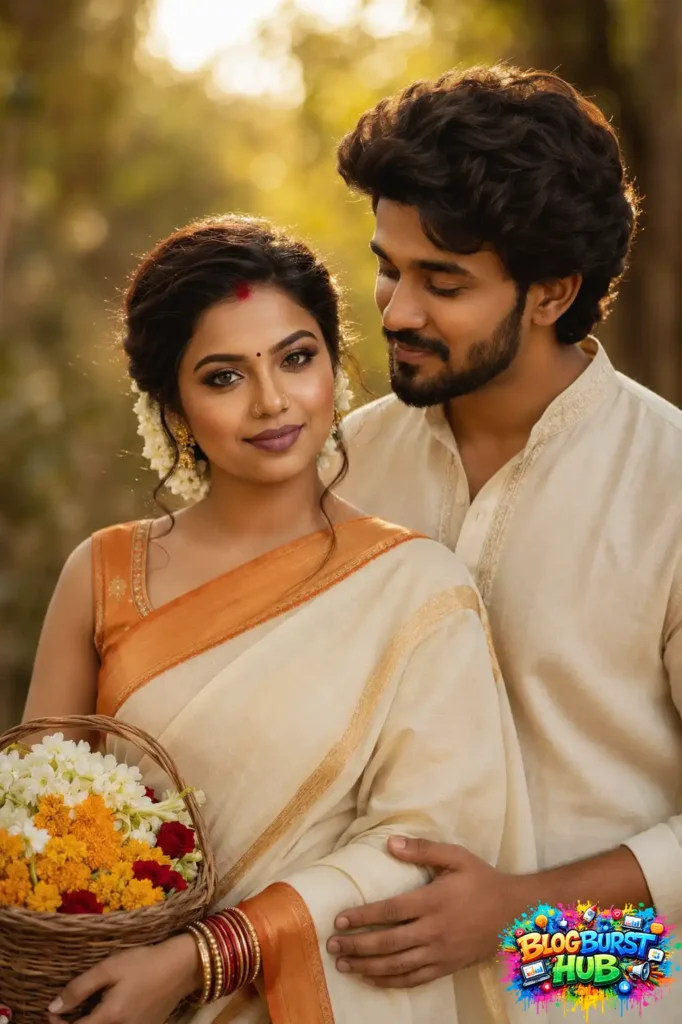 Traditional Kerala couple in ethnic attire with flowers and natural outdoor lighting.