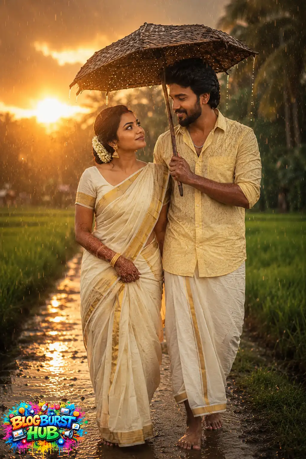 South Indian couple walking through Kerala paddy fields during monsoon rain with umbrella.