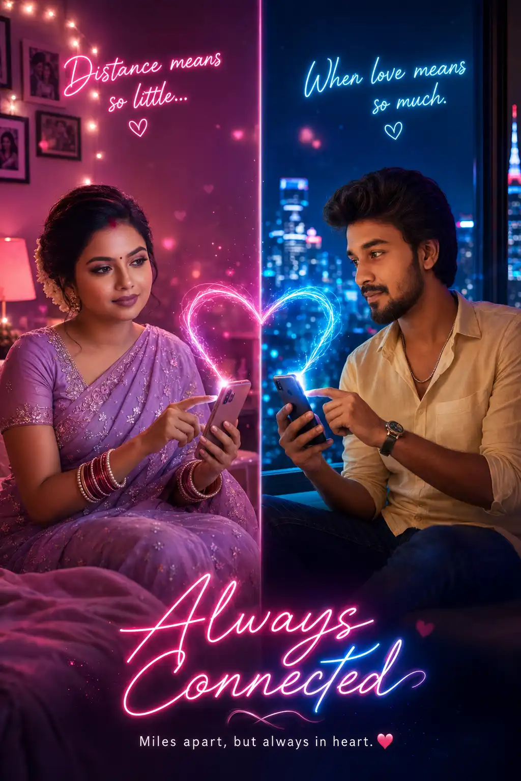Long distance relationship AI image with purple neon heart connection and romantic couple using phones.