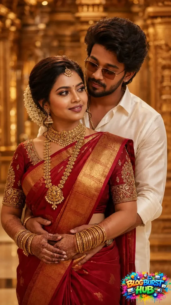 South Indian wedding couple posing romantically in traditional attire inside a temple.