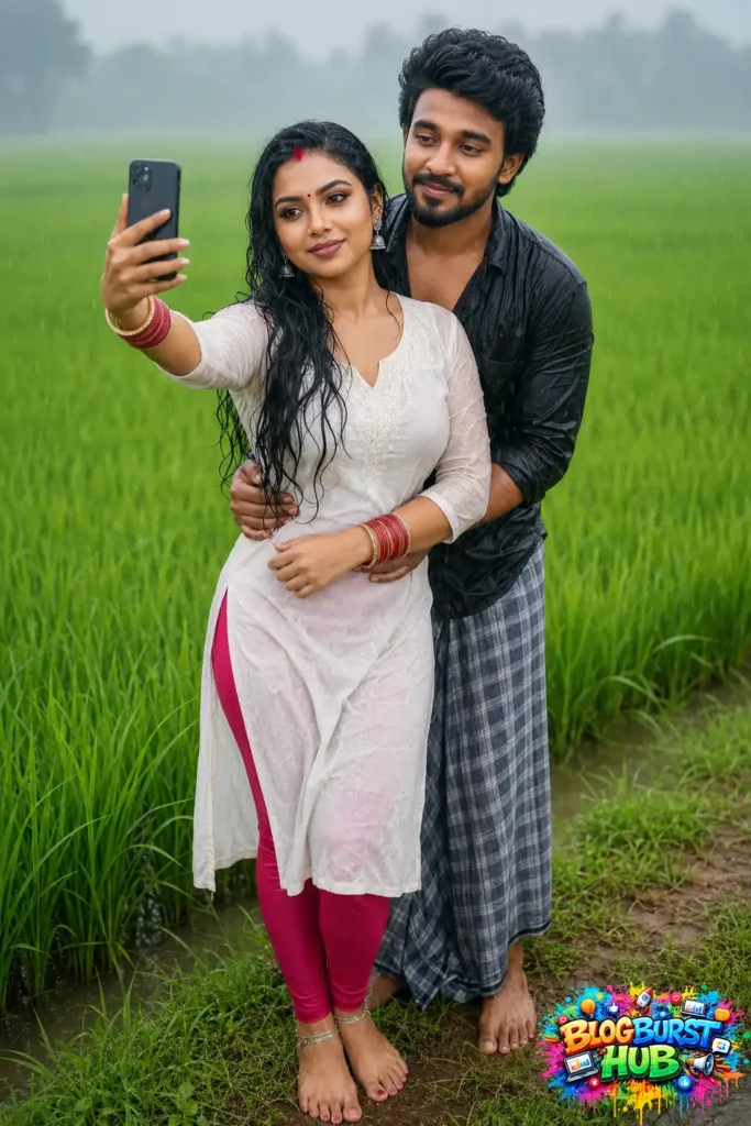 Young couple taking a romantic selfie in a lush green paddy field during monsoon rain.
