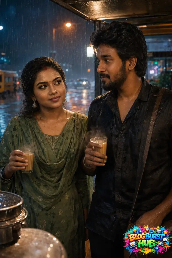 South Indian couple drinking tea at a roadside tea stall during heavy rain in a cinematic AI-generated image.