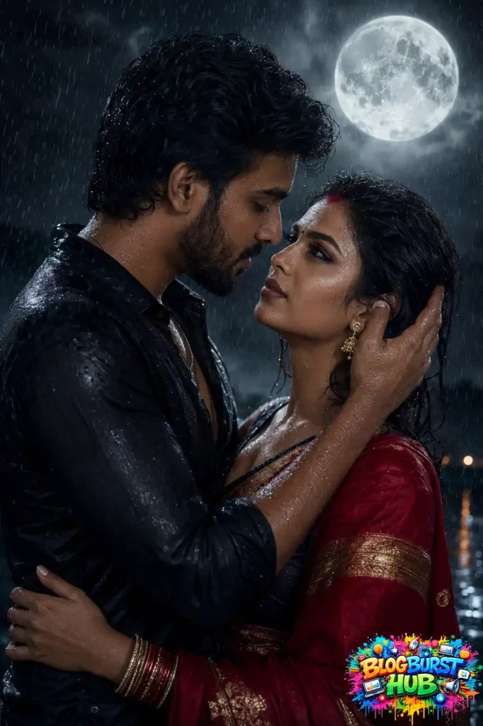 Romantic couple gazing into each other's eyes under moonlight during a rainy night.