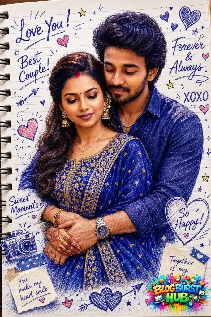 Romantic AI couple portrait in notebook doodle style with hearts, love notes, and sketch elements.