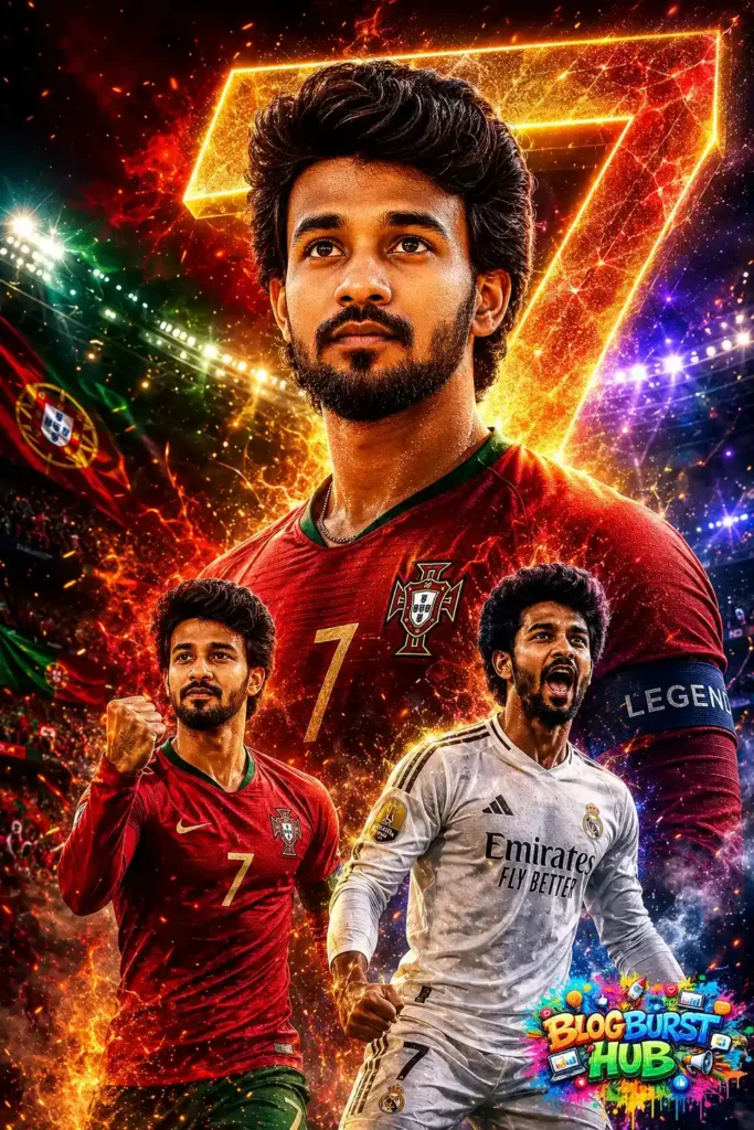 AI-generated Portugal football player portrait with dramatic lighting and stadium effects.