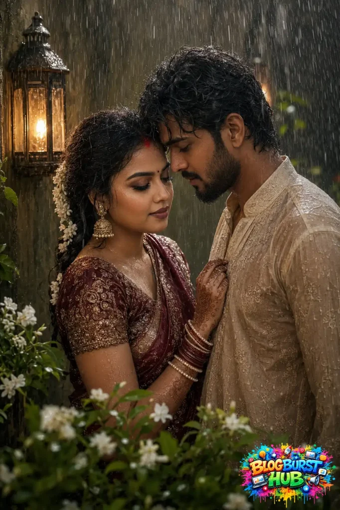 Romantic Indian couple standing in a flower garden during monsoon rain in hyper-realistic AI art.