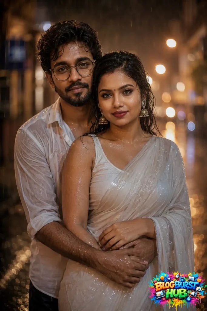 Romantic couple embracing on a rainy city street with glowing bokeh lights in the background.
