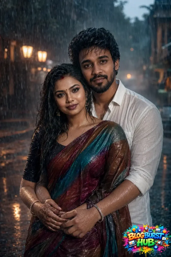 Romantic couple posing together on a rainy street illuminated by warm city lights.