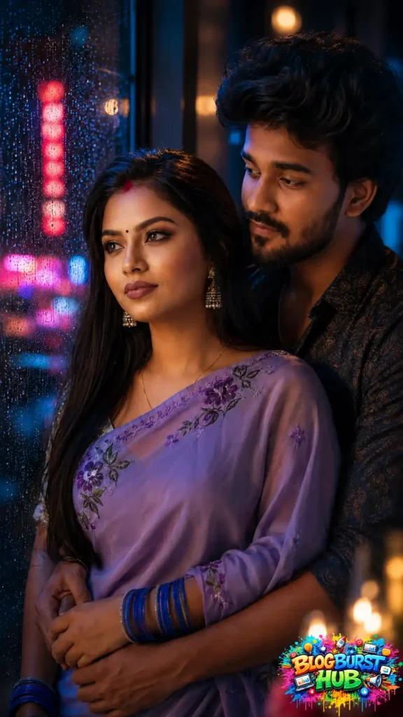 Romantic Indian couple standing beside a rain-covered window with city lights.